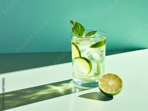 Cocktail with fresh lime and mint on light and shadow in bar