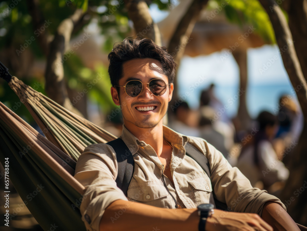 man using laptop on vacation