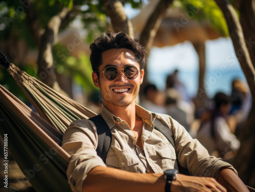 man using laptop on vacation