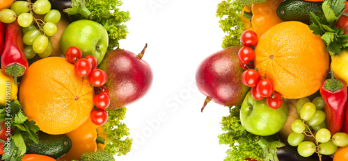 Vegetables and fruits isolated on white. Collage. Free space for text. Wide photo.