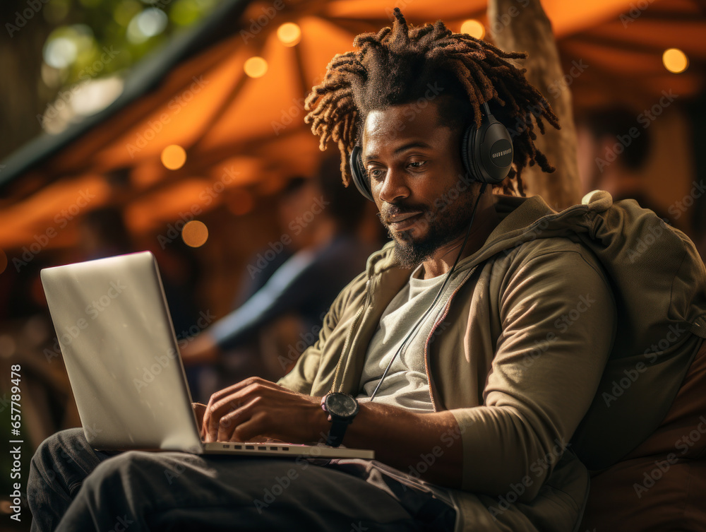 man using laptop on vacation man using laptop on vacation