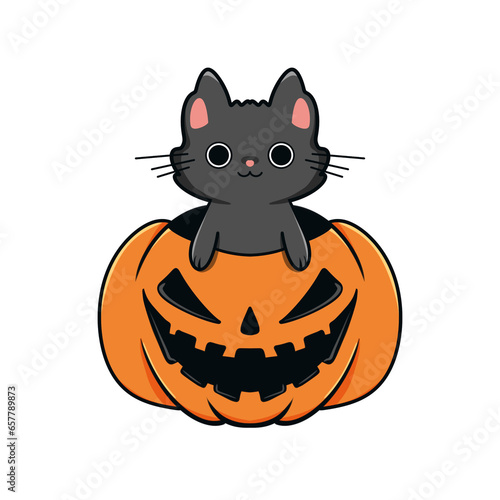 halloween black cute cat with scary smiling creepy pumpkin cartoon style postcard isolated 