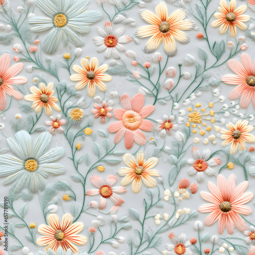 embroidered flower pattern of floral embroidery in powder pastel color 