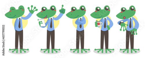 Set of frog in businessman professions various action cartoon style