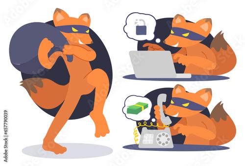 Set of Fox thief and illegal behavior animal cartoon vector