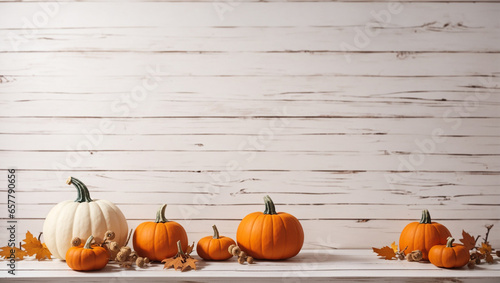 pumpkin over white wooden table background. Backdrop with copy space