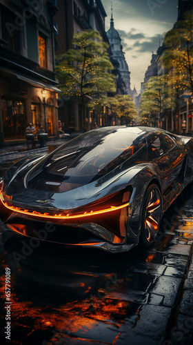 A futuristic luxury car driving through a night city, futuristic, future tech, made of liquid dark metal.AI Generative © Elena