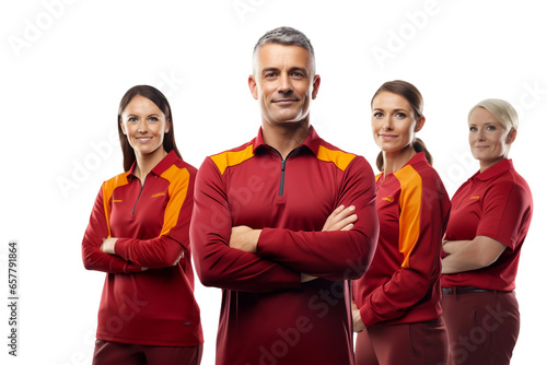 Happy Coach Team Standing with Arms Crossed Isolated on Transparent Background.