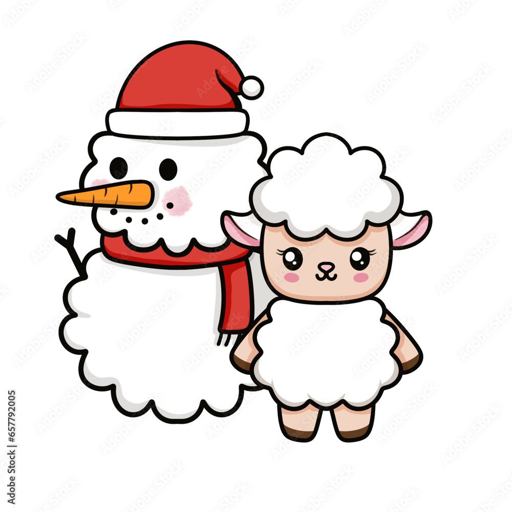 Cute little white snowman in santa claus hat and a sheep standing and smiling, Christmas card Cute little white snowman in santa claus hat and a sheep standing and smiling, Christmas card