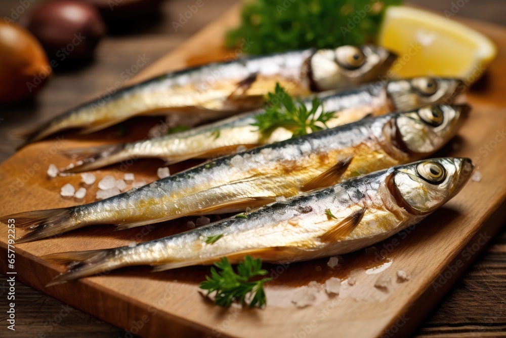 Sardines with lemon, salt and parsley close-up on a dark background. Sea fish. Sardines with lemon, salt and parsley close-up on a dark background. Sea fish.