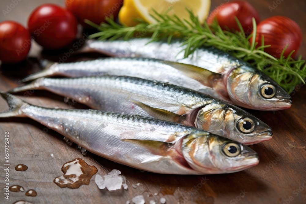 Sardines with lemon, salt and parsley close-up on a dark background. Sea fish. Sardines with lemon, salt and parsley close-up on a dark background. Sea fish.