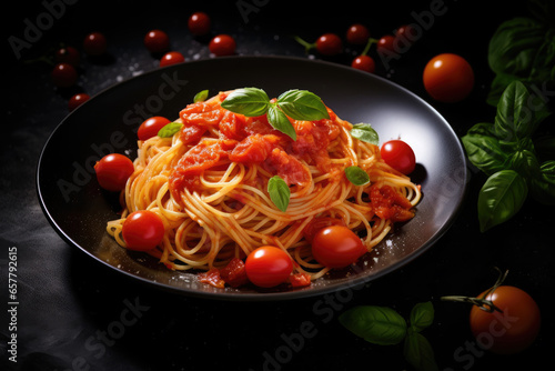 Tasty appetizing classic italian pasta on dark table.