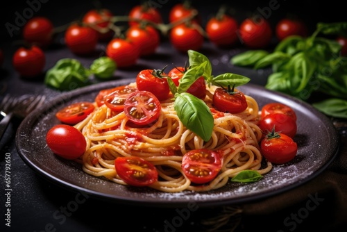 Tasty appetizing classic italian pasta on dark table.