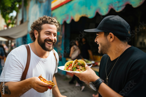 A chef gives a taco to a man at a street food market photo