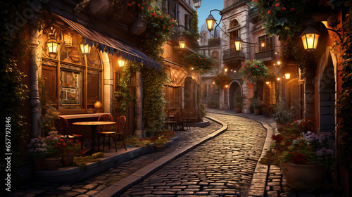 night street in the european city ai generated