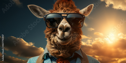 Kamel mit Sonenbrille im Anzug als Chef Cartoon Querformat für Banner, ai generativ