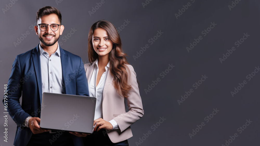 Two professionals are presenting using laptop computers