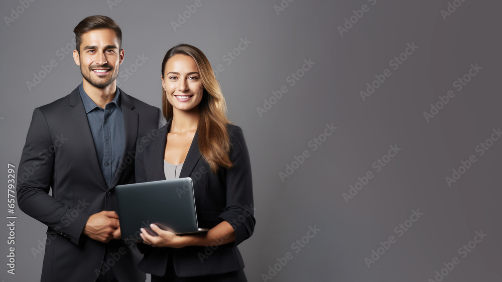 Two professionals are presenting using laptop computers Two professionals are presenting using laptop computers