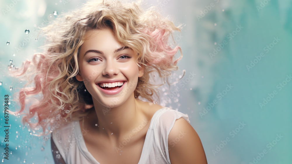 Smiling short blonde woman wearing swimsuit playing water splash Smiling short blonde woman wearing swimsuit playing water splash