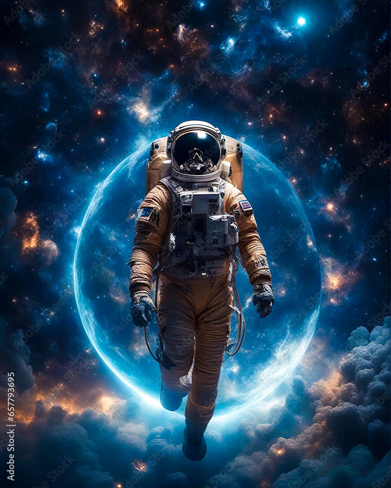 An astronaut is floating in space Generative AI illustration view of anonymous spaceman.
