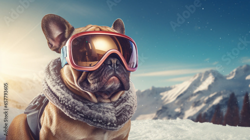 Cool dog in ski goggles in a ski resort, generative AI