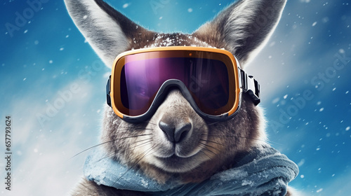 Cool Kangaroo in ski goggles in a ski resort, generative AI