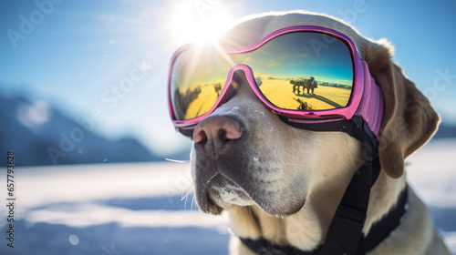 Cool labrador in ski goggles in a ski resort, generative AI