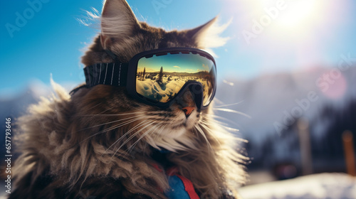 Cool maine coon in ski goggles in a ski resort, generative AI