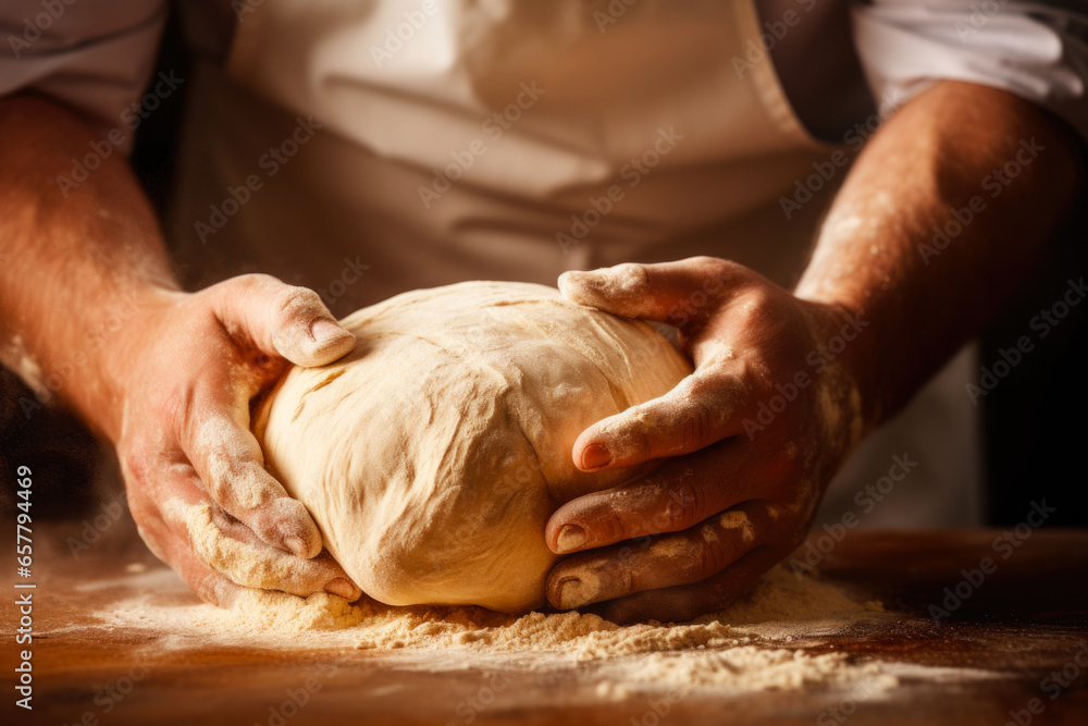 Male hands kneading dough on the wooden table, close-up