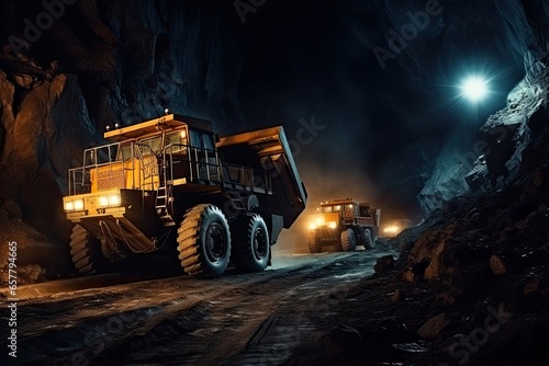 Large mining trucks work the night shift. Several huge quarry trucks carry the rock for beneficiation and processing. Several trucks drive through an underground mine tunnel.