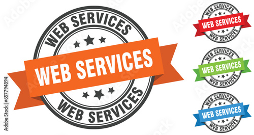 web services stamp. round band sign set. label