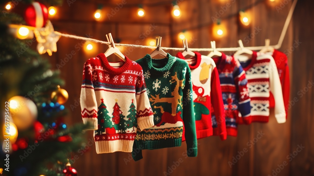 Flat lay of colorful National Ugly Christmas Sweater Day
