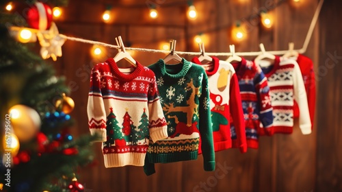 Flat lay of colorful National Ugly Christmas Sweater Day decorations  photo