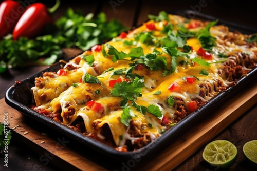 Mexican enchiladas with meat, vegetables, corn, beans, tomato sauce and cheese. Served in baking tray. Mexican food, dark background