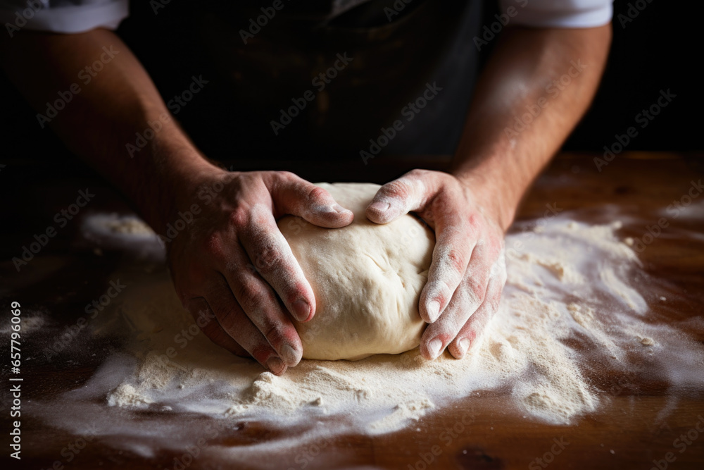 Male hands kneading dough on the wooden table, close-up
