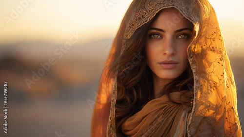 An Arabian woman adorned in traditional attire, AI Generative.