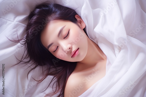 Asian Woman sleeping with closed eyes in comfortable bed