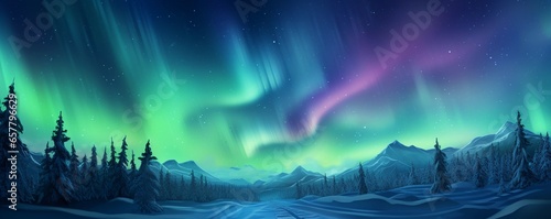 Northern lights banner. Aurora Borealis. Beautiful winter landscape with forest and mountains. © Alexandra Selina