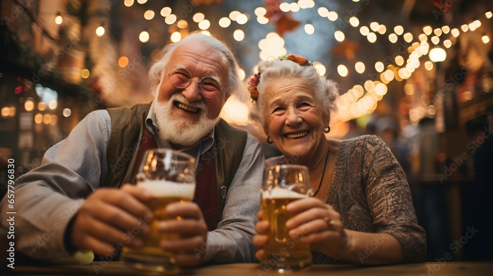 Senior couple toasting with beer glasses Immerse yourself in the lively festival atmosphere. Blurred details in the background. Generative Ai
