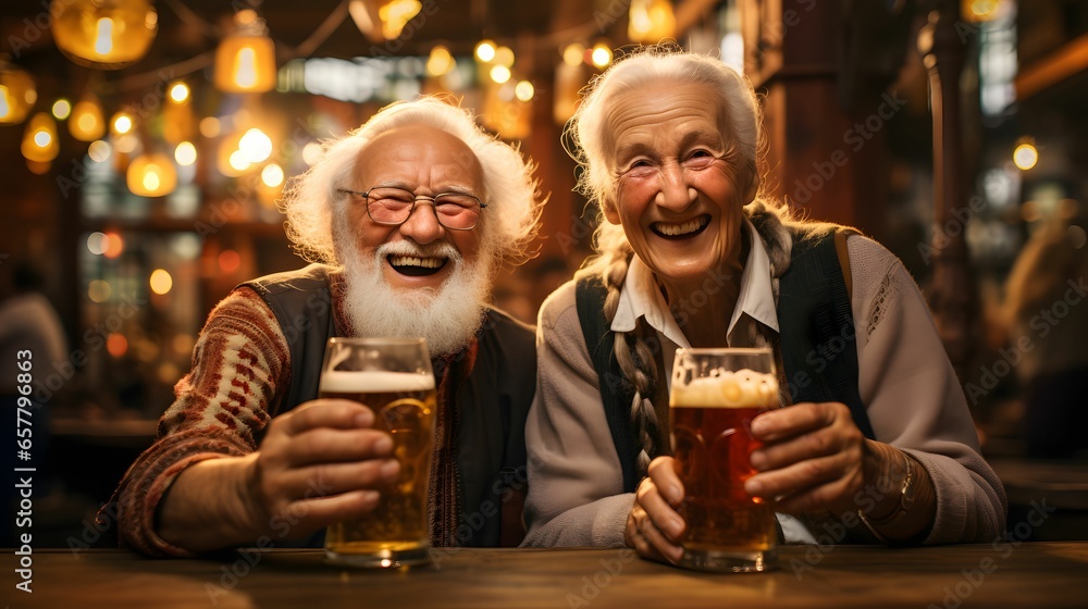 Senior couple toasting with beer glasses Immerse yourself in the lively festival atmosphere. Blurred details in the background. Generative Ai Senior couple toasting with beer glasses Immerse yourself in the lively festival atmosphere. Blurred details in the background. Generative Ai