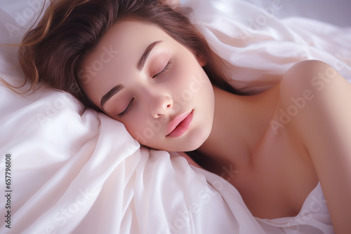 Beautiful Woman sleeping with closed eyes in comfortable bed