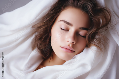 Beautiful Woman sleeping with closed eyes in comfortable bed