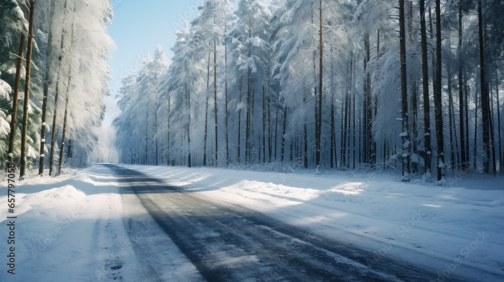 Fototapeta premium Scenic winter road through forest covered in snow after snowfall