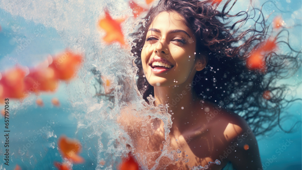 Smiling woman wearing swimsuit playing water splash Smiling woman wearing swimsuit playing water splash