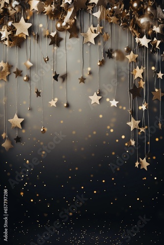 Festive black vertical background with gold stars and Christmas balls hanging. New Year, winter holidays.