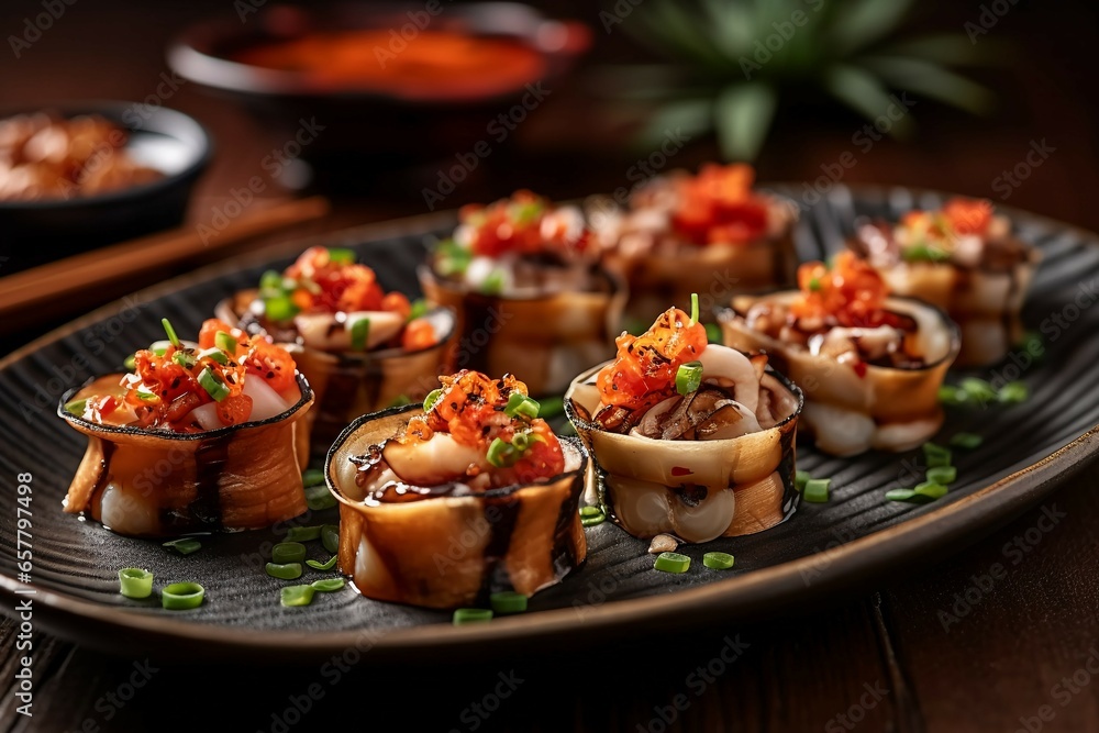 a plate of tako (octopus) sushi, showcasing its tender and slightly chewy texture a plate of tako (octopus) sushi, showcasing its tender and slightly chewy texture