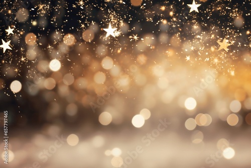 Abstract festive dark and gold background with fireworks, stars and bokeh. Holidays celebration.