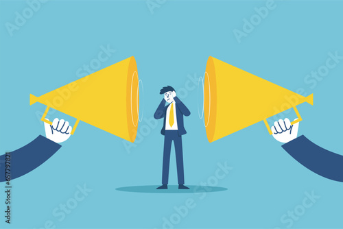 Angry boss shouting at employee on megaphone vector illustration