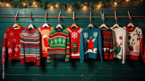 Flat lay of colorful National Ugly Christmas Sweater Day decorations on a wooden table photo