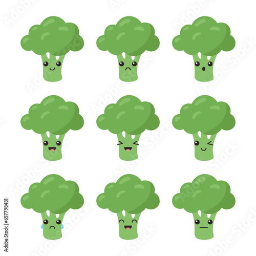 Cute broccoli character. Cartoon broccoli emoji icon set. Vector illustration